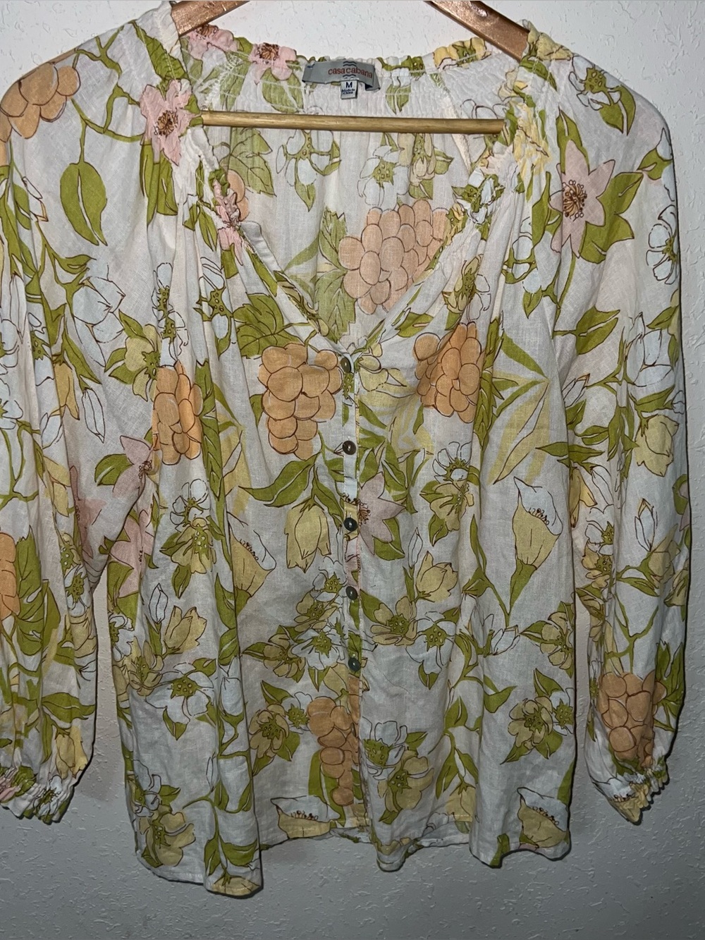 Casa Cabana Floral/Grape Print Lightweight Linen Blend Peasant Blouse V-Neck